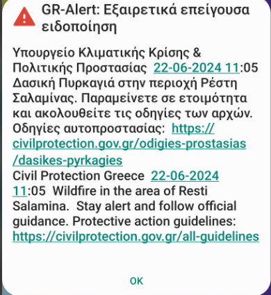 Φωτιά στη Σαλαμίνα: Μήνυμα από το 112 για ετοιμότητα